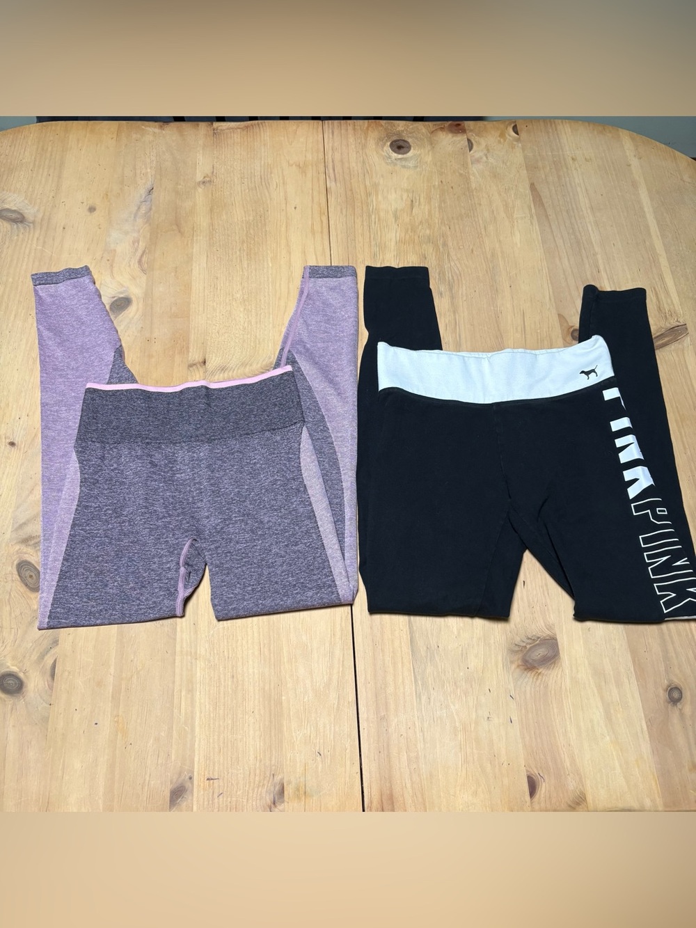 Two pairs PINK Victoria's Secret Purple Heather and Black Leggings Duo